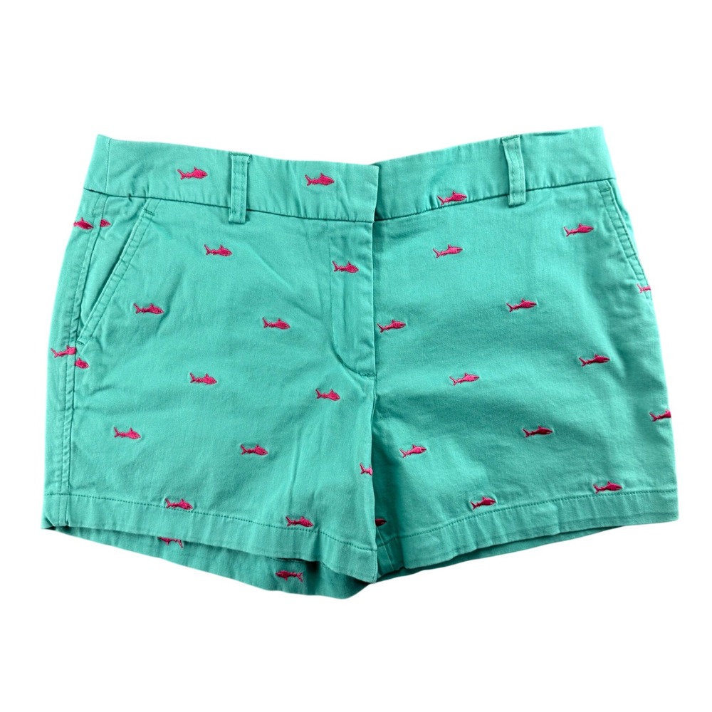 British Khaki Womens Green Pink Shark Embroidered Chino Shorts Size 6 Preppy